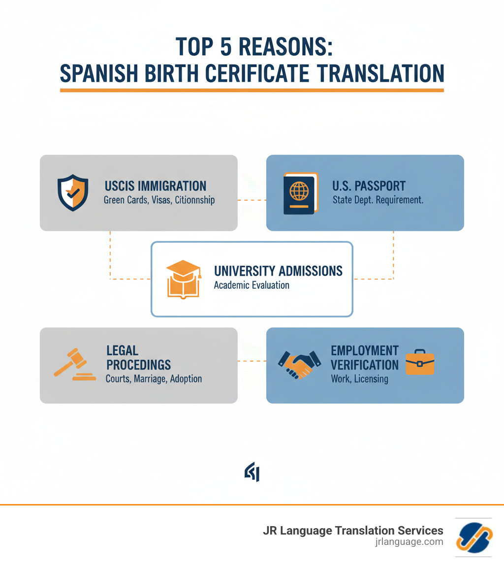 Infographic showing top 5 reasons for Spanish birth certificate translation: 1. USCIS Immigration Applications (green cards, visas, citizenship), 2. U.S. Passport Applications (State Department requirement), 3. University and College Admissions (academic credential evaluation), 4. Legal Proceedings (courts, marriage licenses, adoption), 5. Employment Verification (work authorization, professional licensing) - Spanish birth certificate translation infographic Infographic showing top 5 reasons for Spanish birth certificate translation: 1. USCIS Immigration Applications (green cards, visas, citizenship), 2. U.S. Passport Applications (State Department requirement), 3. University and College Admissions (academic credential evaluation), 4. Legal Proceedings (courts, marriage licenses, adoption), 5. Employment Verification (work authorization, professional licensing) - Spanish birth certificate translation infographic