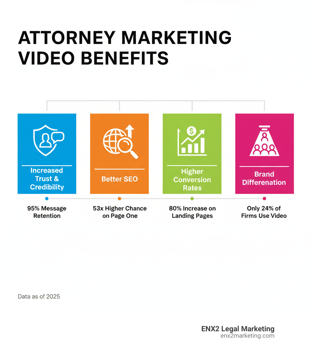 infographic showing four key benefits of attorney marketing video: increased trust and credibility with 95% message retention, better SEO with 53x higher chance of ranking on page one, higher conversion rates with 80% increase on landing pages, and brand differentiation in a market where only 24% of firms use video - Attorney marketing video infographic 