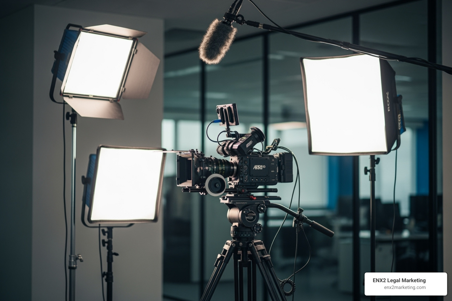 video production setup with camera, lights, and microphone - Attorney marketing video