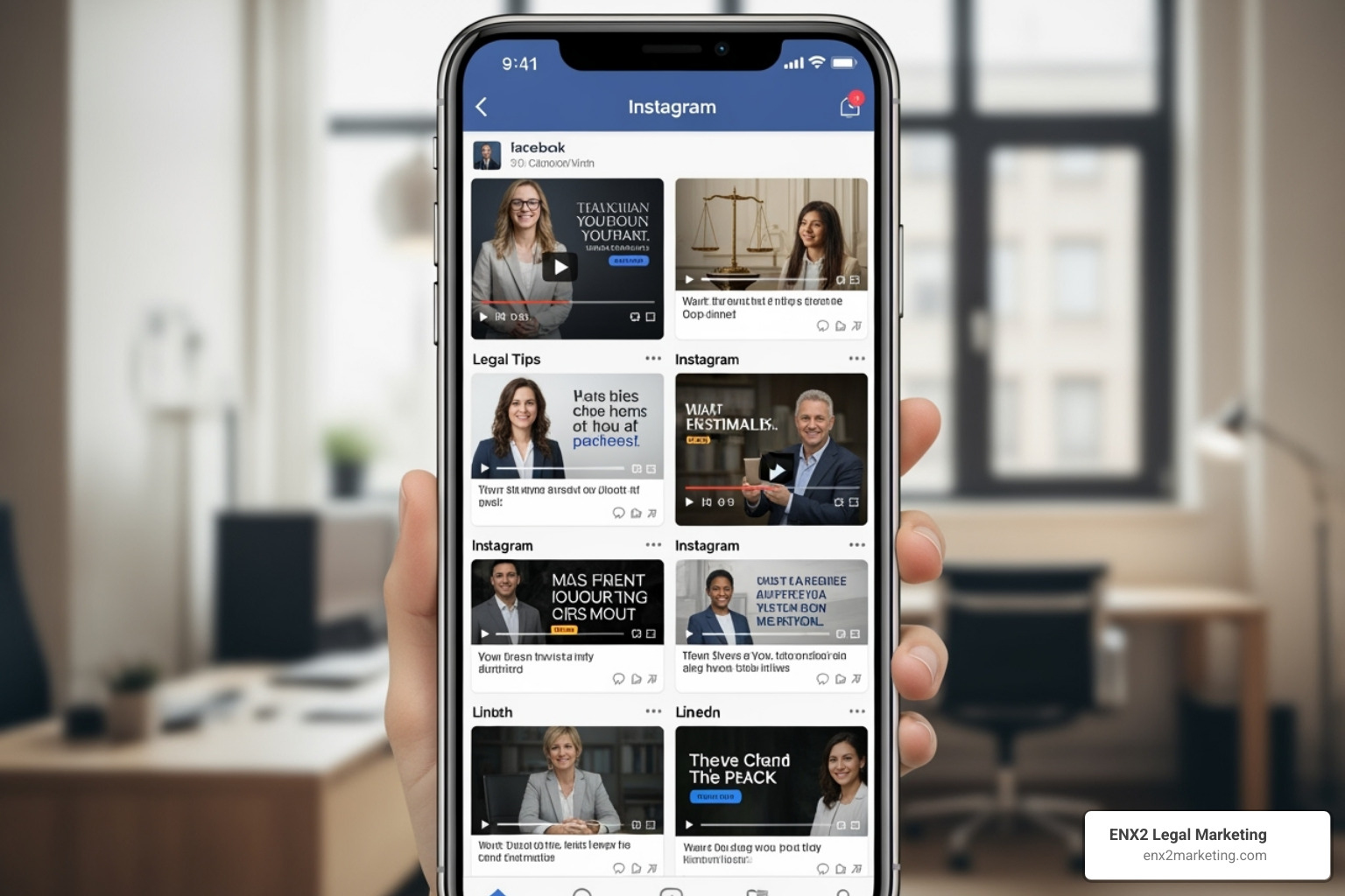 social media feed showing law firm video on different platforms - Attorney marketing video