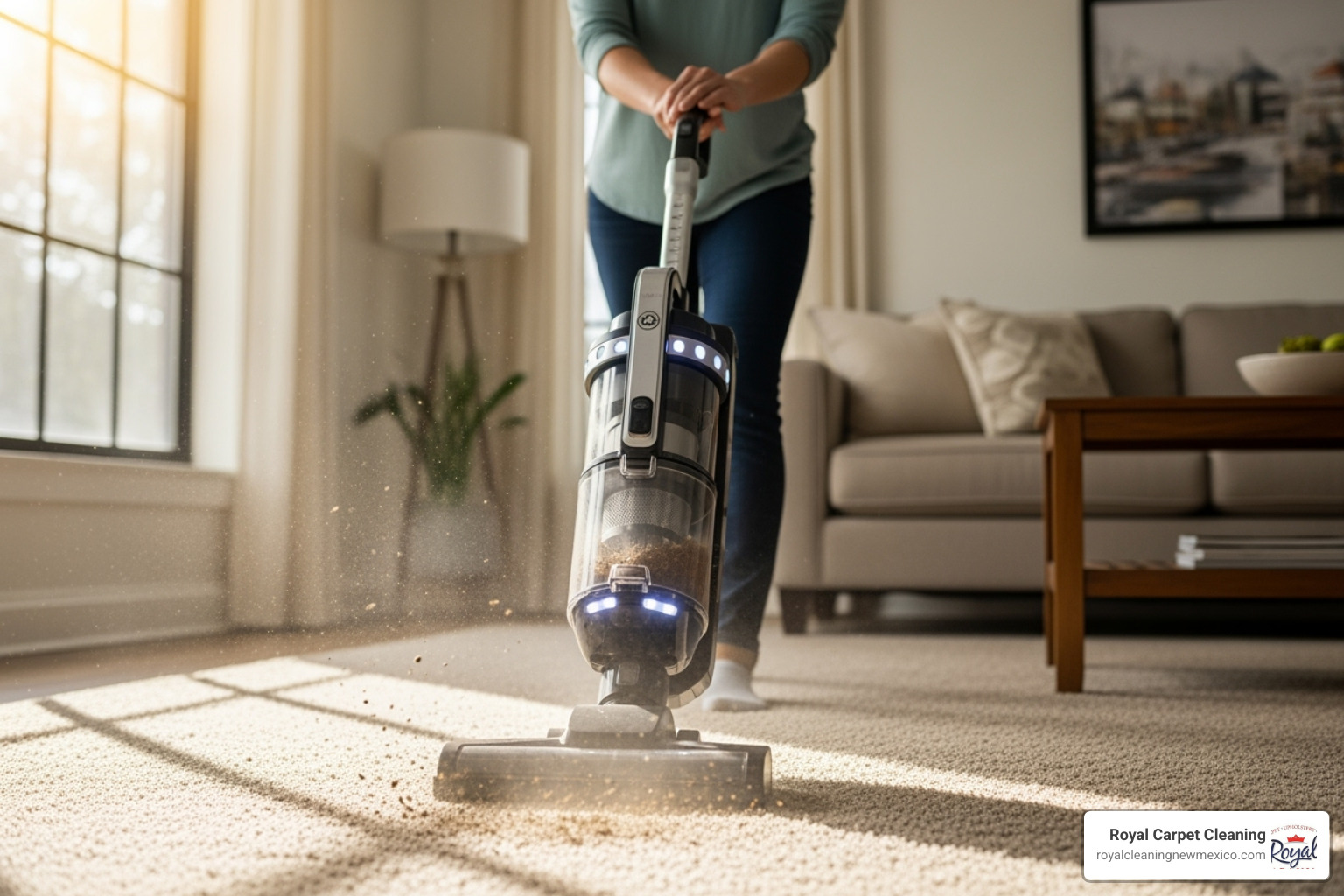 person using a HEPA vacuum on a carpet - Remove pet dander