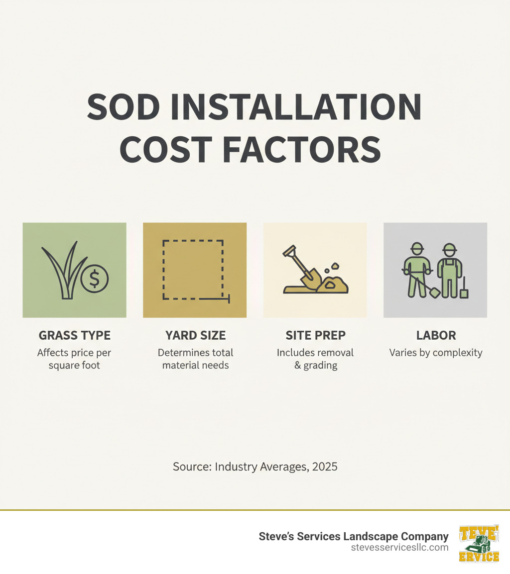 infographic showing four main cost factors for sod installation: grass type selection affects price per square foot, yard size determines total material needs, site preparation includes removal and grading, and labor costs vary by complexity - Sod Installation Cost infographic 