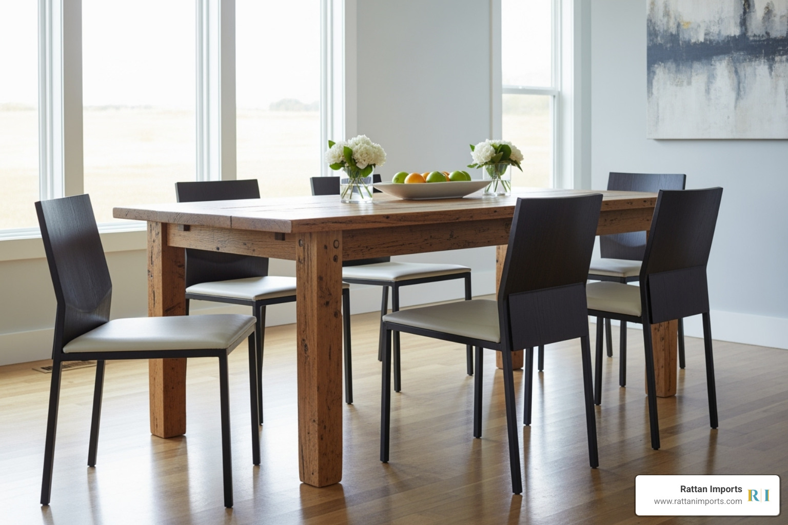 Vintage farm table with modern chairs - vintage dining Vintage farm table with modern chairs - vintage dining