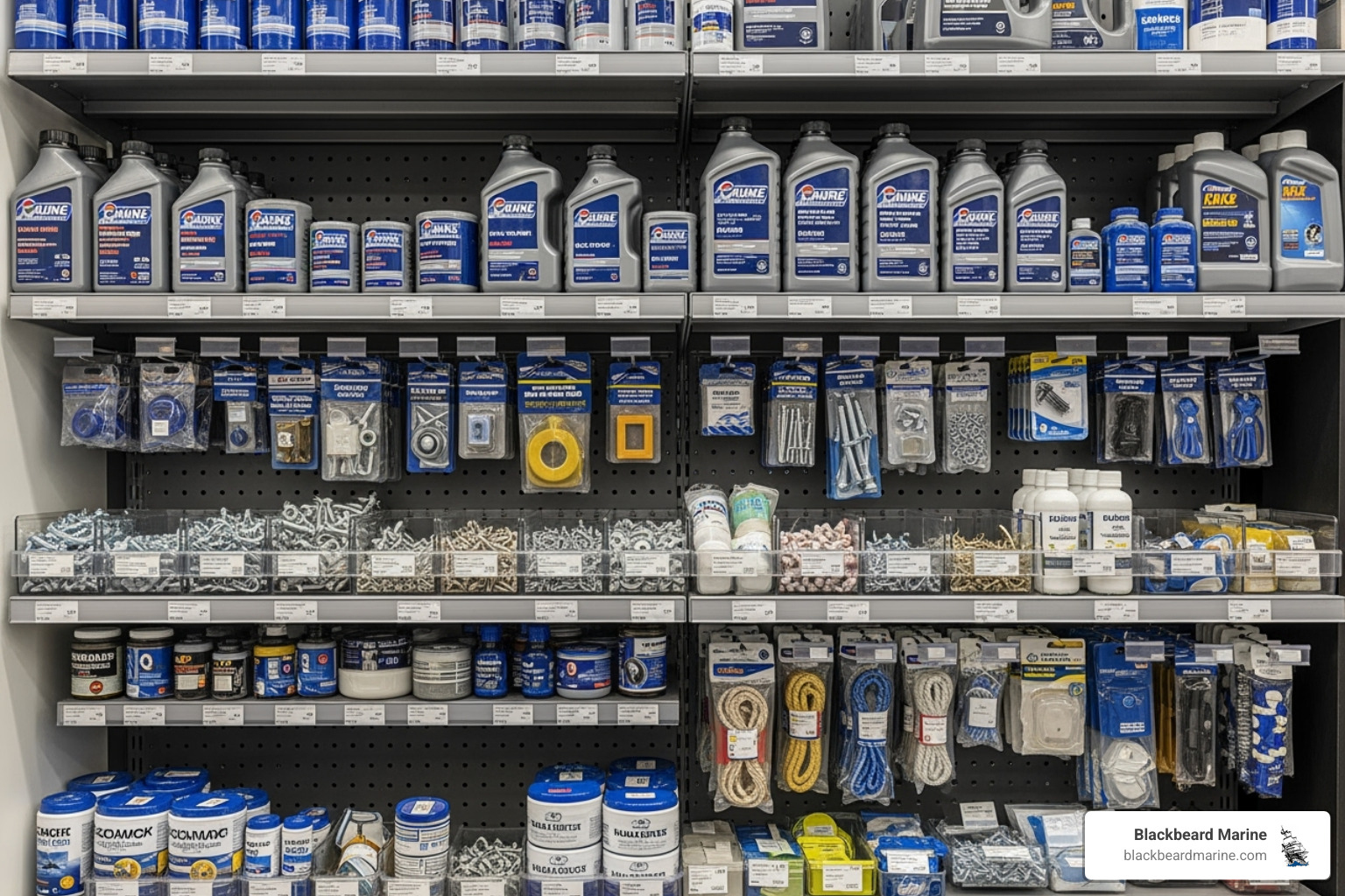 well-organized Blackbeard Marine parts department shelf - boat parts in okc