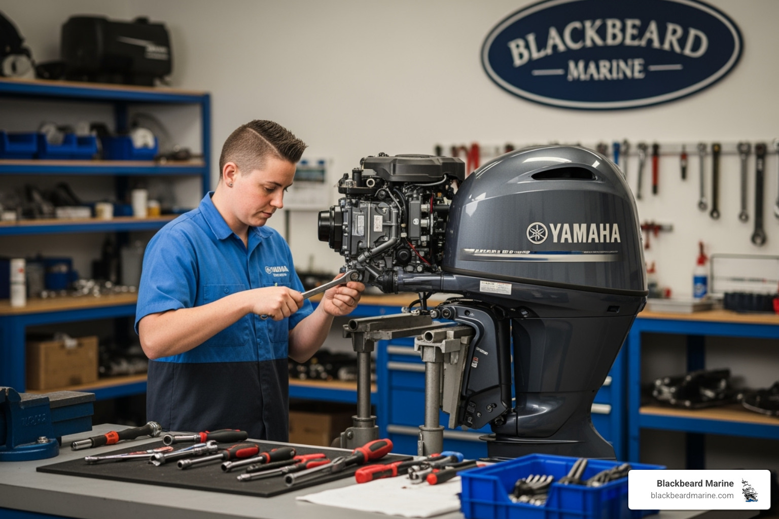 Yamaha outboard motor being serviced at Blackbeard Marine - boat parts in okc