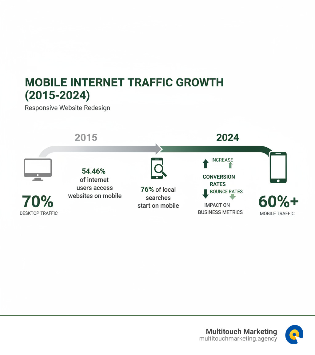 Infographic showing the growth of mobile internet traffic from 2015 to 2024, displaying the increase from desktop-dominated web usage to over 60% mobile traffic, with key statistics including 54.46% of internet users accessing websites on mobile devices, 76% of local searches starting on mobile, and the impact on business metrics like conversion rates and bounce rates across different devices - Responsive website redesign infographic 