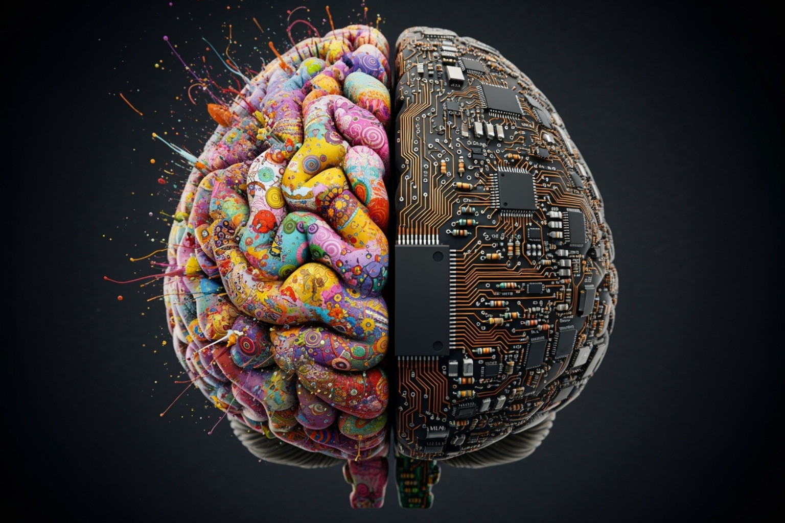 a brain with creative, colorful art on one side and a circuit board on the other - limitations of automated seo content optimization tools