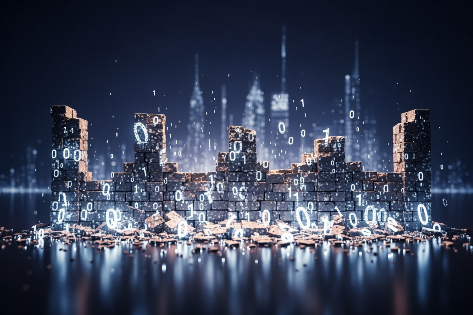 a crumbling foundation made of digital "0s" and "1s" - limitations of automated seo content optimization tools