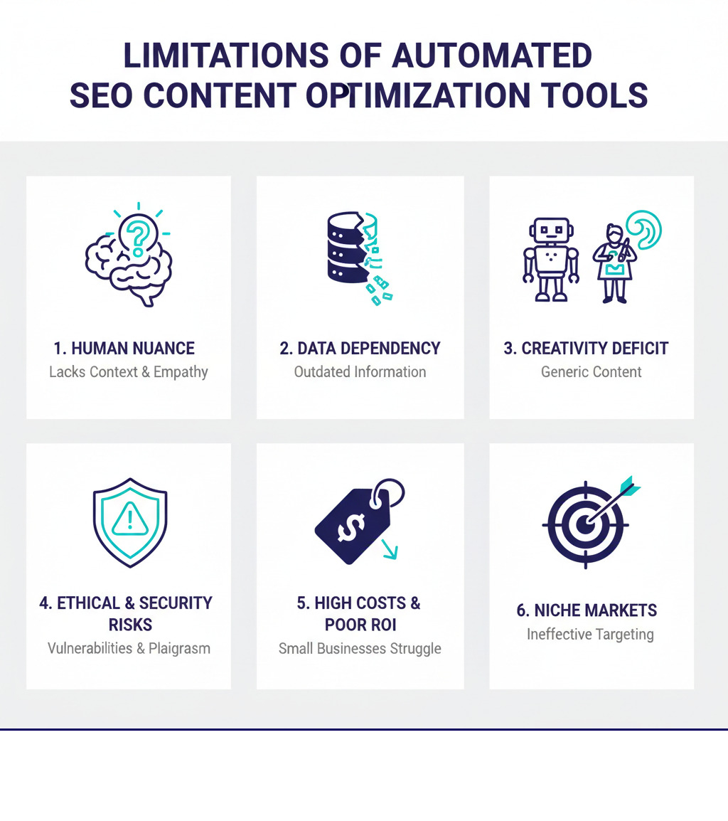 infographic showing the top 5 limitations of automated seo content optimization tools: 1. Lack of Human Nuance and Context Understanding with icon of brain and question mark, 2. Data Dependency and Outdated Information with icon of crumbling database, 3. Creativity Deficit and Generic Content with icon of robot versus artist, 4. Ethical Risks and Security Vulnerabilities with icon of shield and warning sign, 5. High Costs and Poor ROI for Small Businesses with icon of expensive price tag, 6. Ineffective for Niche Markets with icon of target missing bullseye - limitations of automated seo content optimization tools infographic 