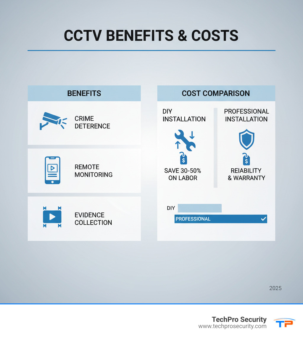 infographic showing CCTV benefits including crime deterrence with visible camera icon, remote monitoring with smartphone display, evidence collection with video playback symbol, and cost breakdown comparing DIY versus professional installation - affordable CCTV installation infographic 