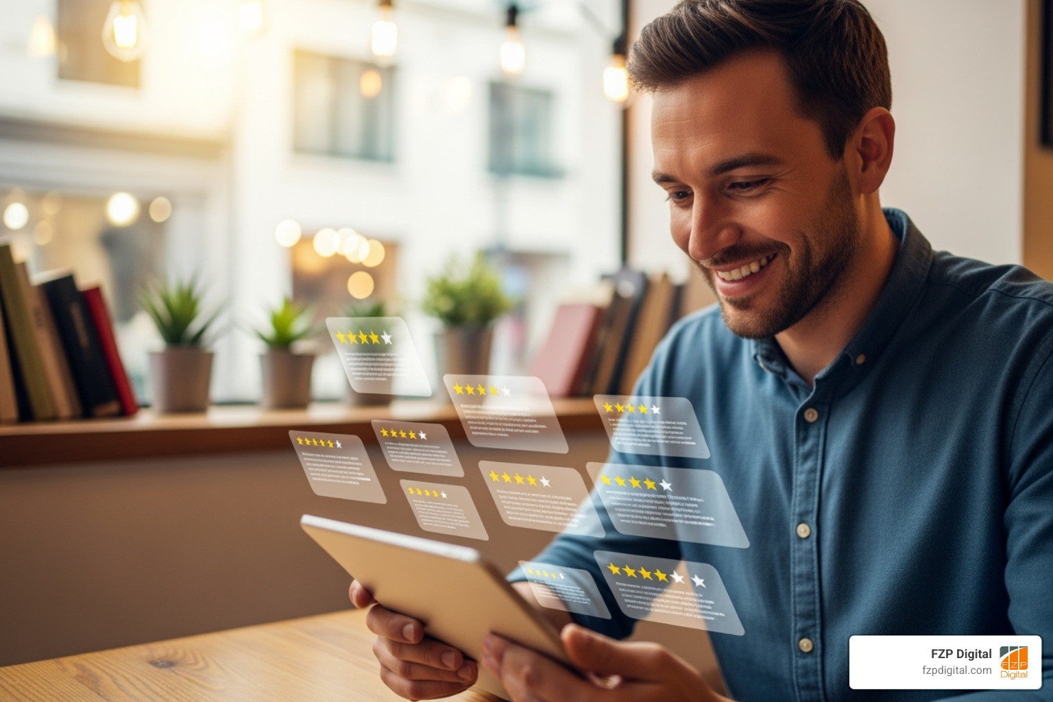 small business owner smiling while reading reviews on tablet - how to manage online reputation and reviews small business owner smiling while reading reviews on tablet - how to manage online reputation and reviews