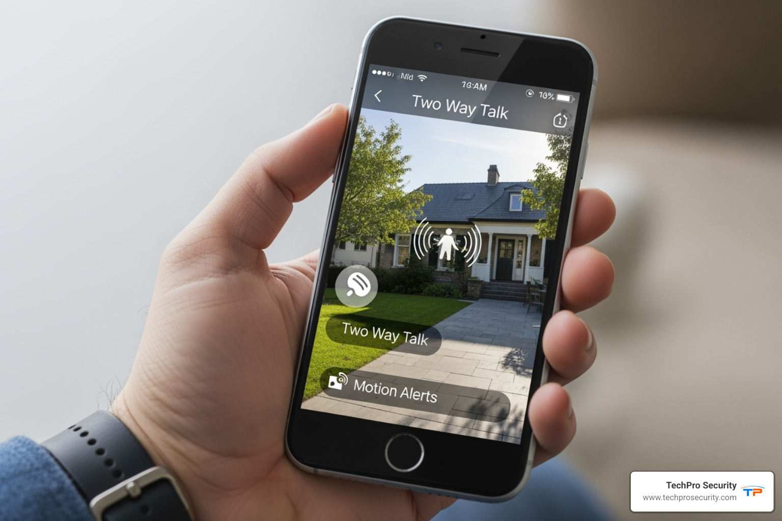 smartphone app showing a live CCTV feed with highlighted features like two-way talk and motion alerts - affordable CCTV installation