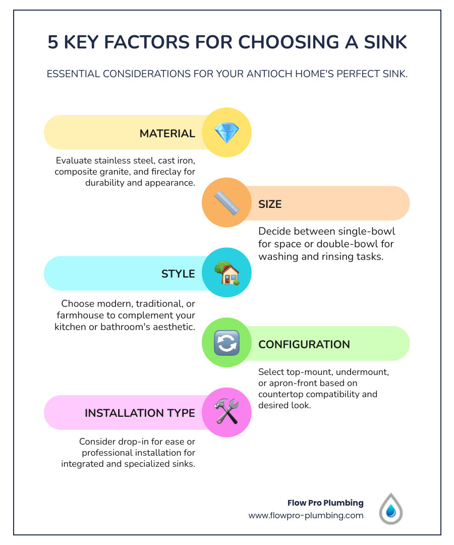 Infographic showing 5 key factors in choosing a sink: Material (stainless steel, cast iron, composite granite, fireclay), Size (single bowl vs double bowl), Style (modern, traditional, farmhouse), Configuration (top-mount, undermount, apron-front), and Installation Type (drop-in, professional installation required) - sinks Antioch infographic infographic-line-5-steps-colors Infographic showing 5 key factors in choosing a sink: Material (stainless steel, cast iron, composite granite, fireclay), Size (single bowl vs double bowl), Style (modern, traditional, farmhouse), Configuration (top-mount, undermount, apron-front), and Installation Type (drop-in, professional installation required) - sinks Antioch infographic infographic-line-5-steps-colors