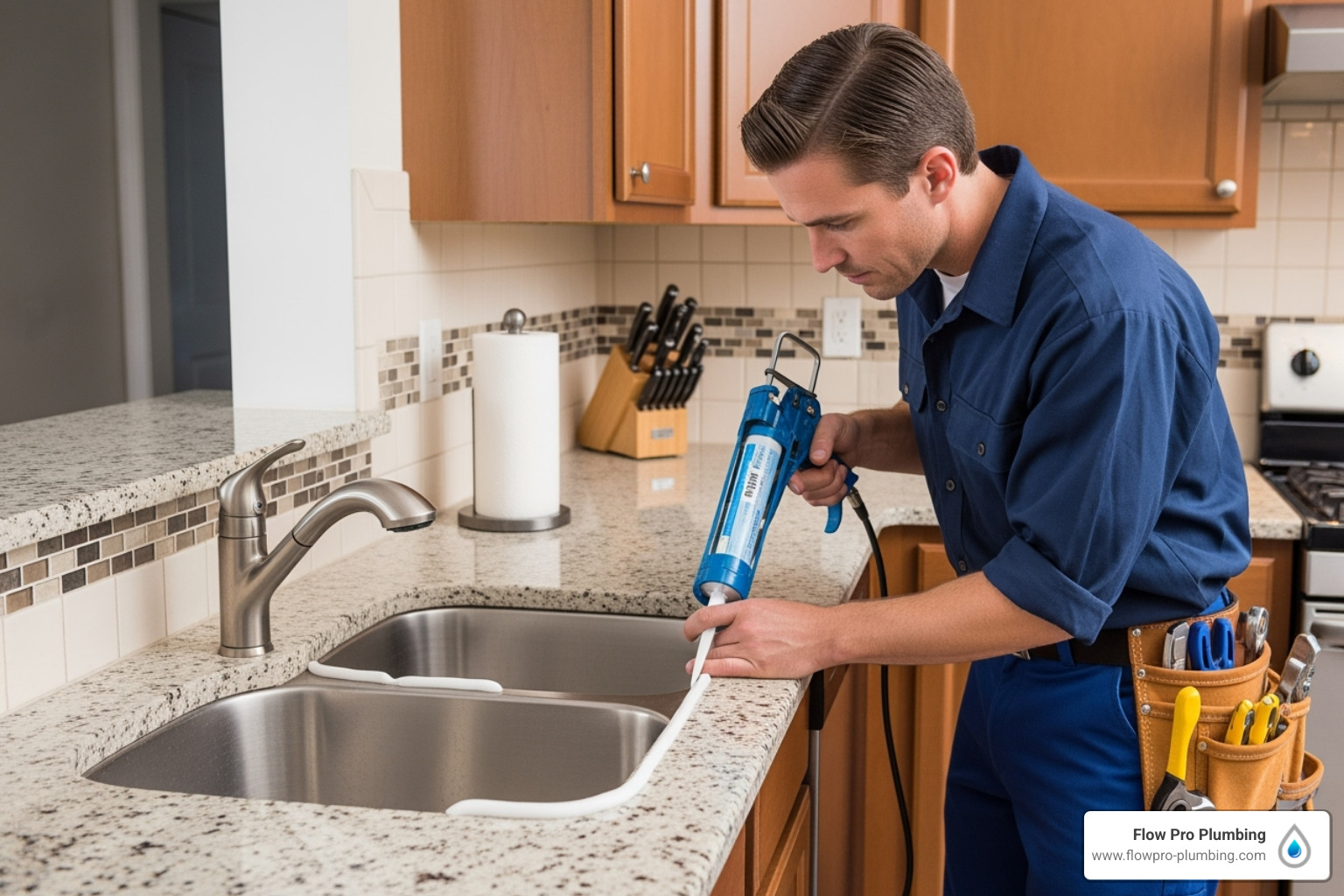 plumber applying sealant to sink - sinks Antioch plumber applying sealant to sink - sinks Antioch