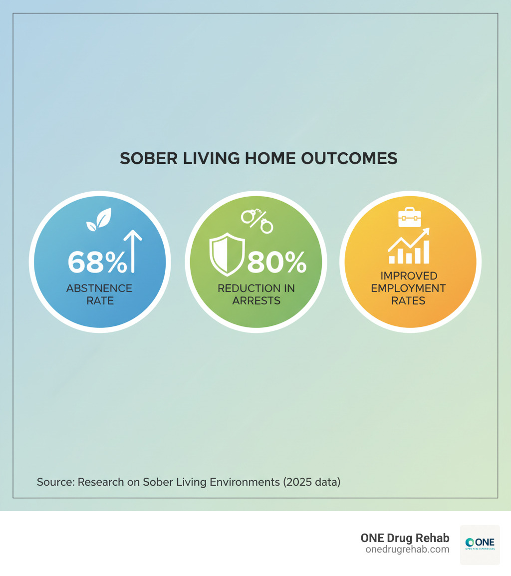 Infographic showing key outcomes of sober living homes: 68% abstinence rate, 80% reduction in arrests, and improved employment rates. - sober living homes infographic 