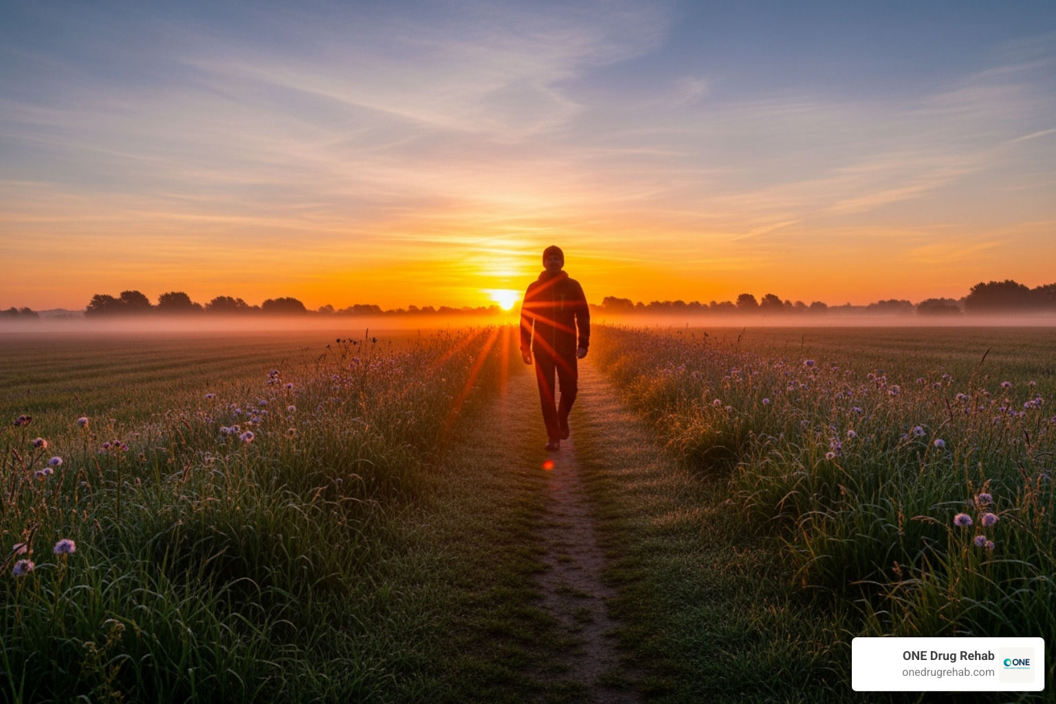 person walking confidently towards a sunrise - sober living homes