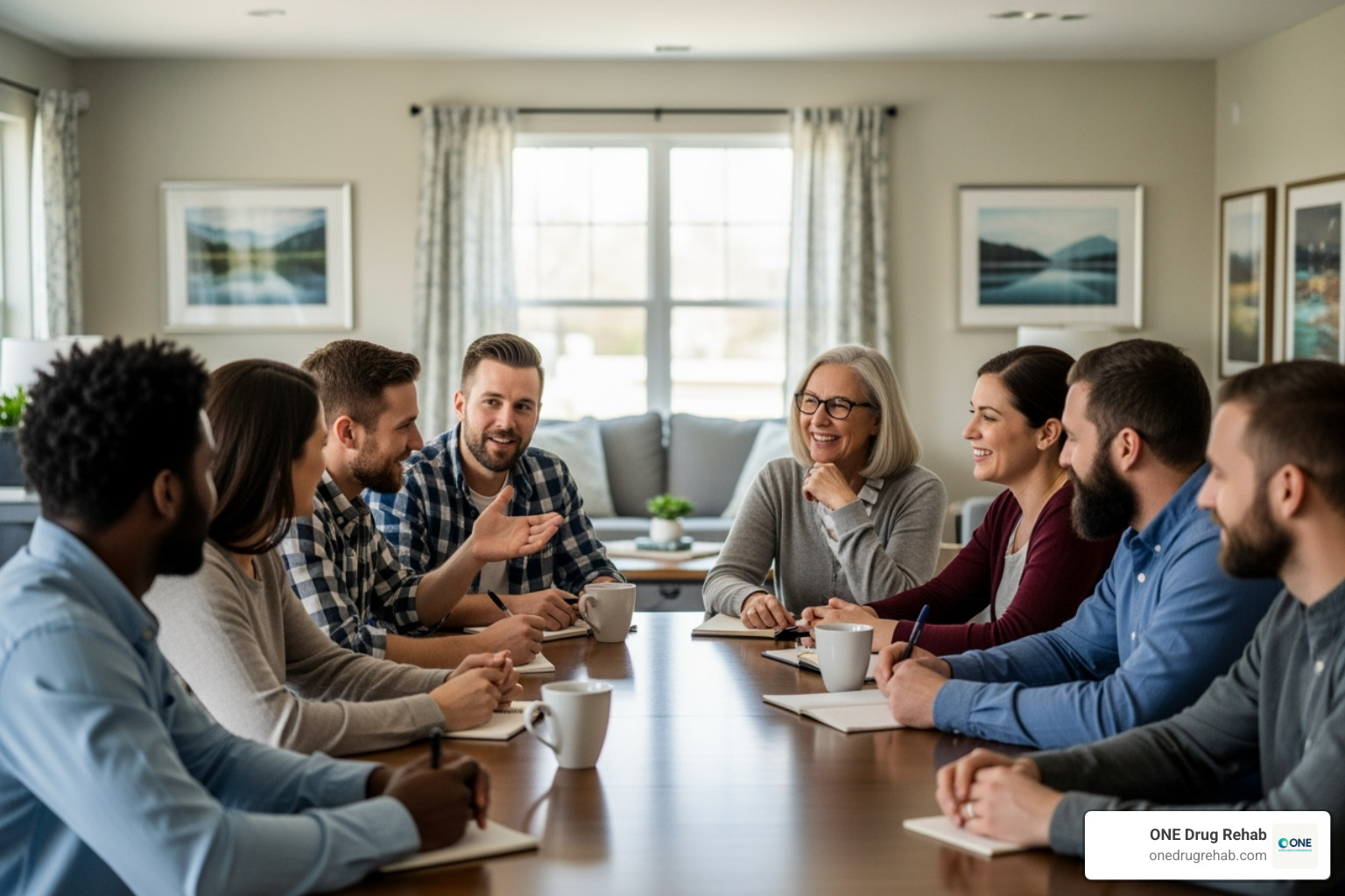 residents participating in a positive group activity like cooking or a house meeting - sober living homes