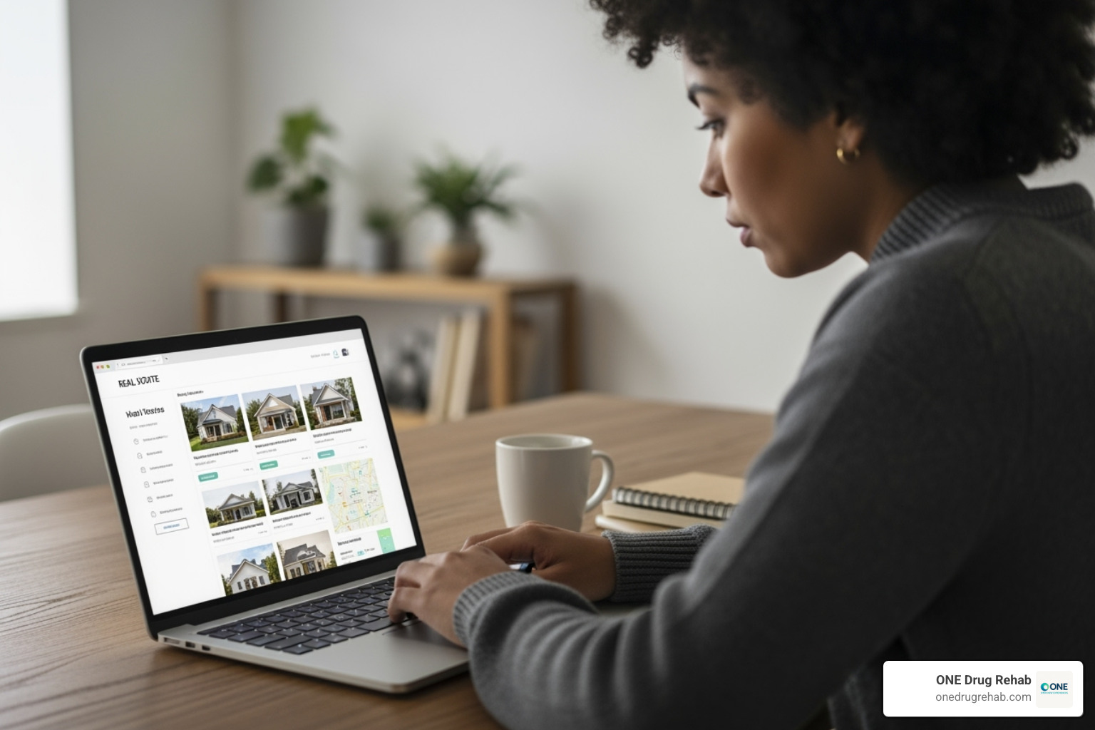 person on a laptop browsing a directory of homes - sober living homes