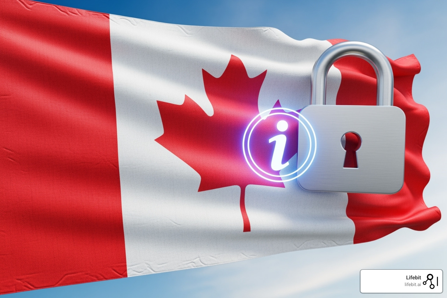 Canadian flag with a secure lock and data icon overlaid - data privacy regulations Canadian flag with a secure lock and data icon overlaid - data privacy regulations