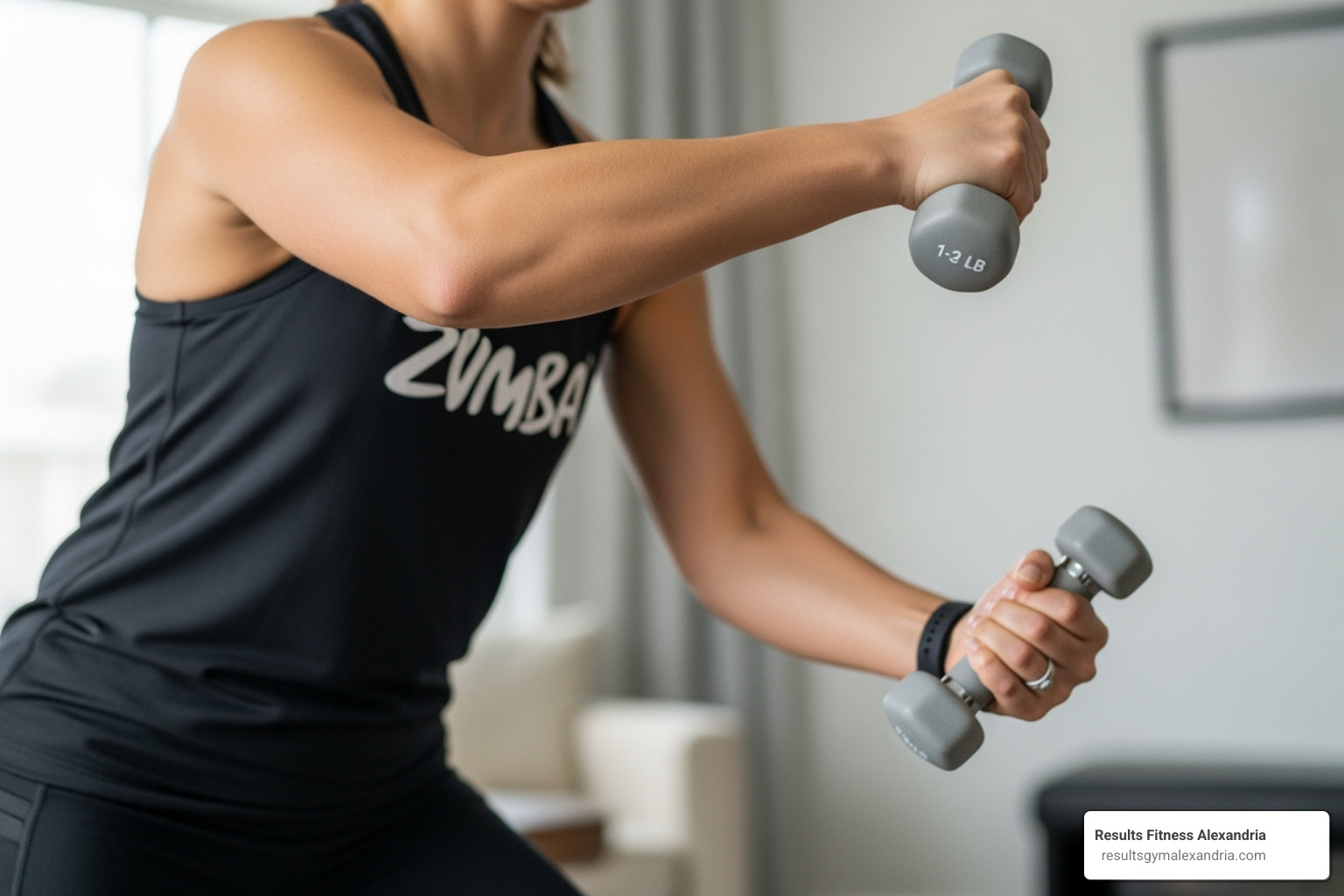 A person performing a Zumba move while holding light dumbbells, clearly focusing on arm toning - intense zumba workout for weight loss