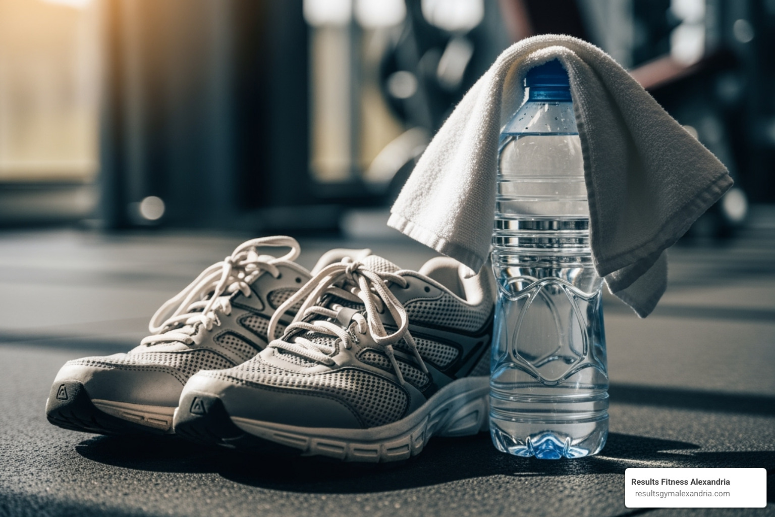 A pair of supportive athletic shoes next to a full water bottle, with a small towel draped over it - intense zumba workout for weight loss
