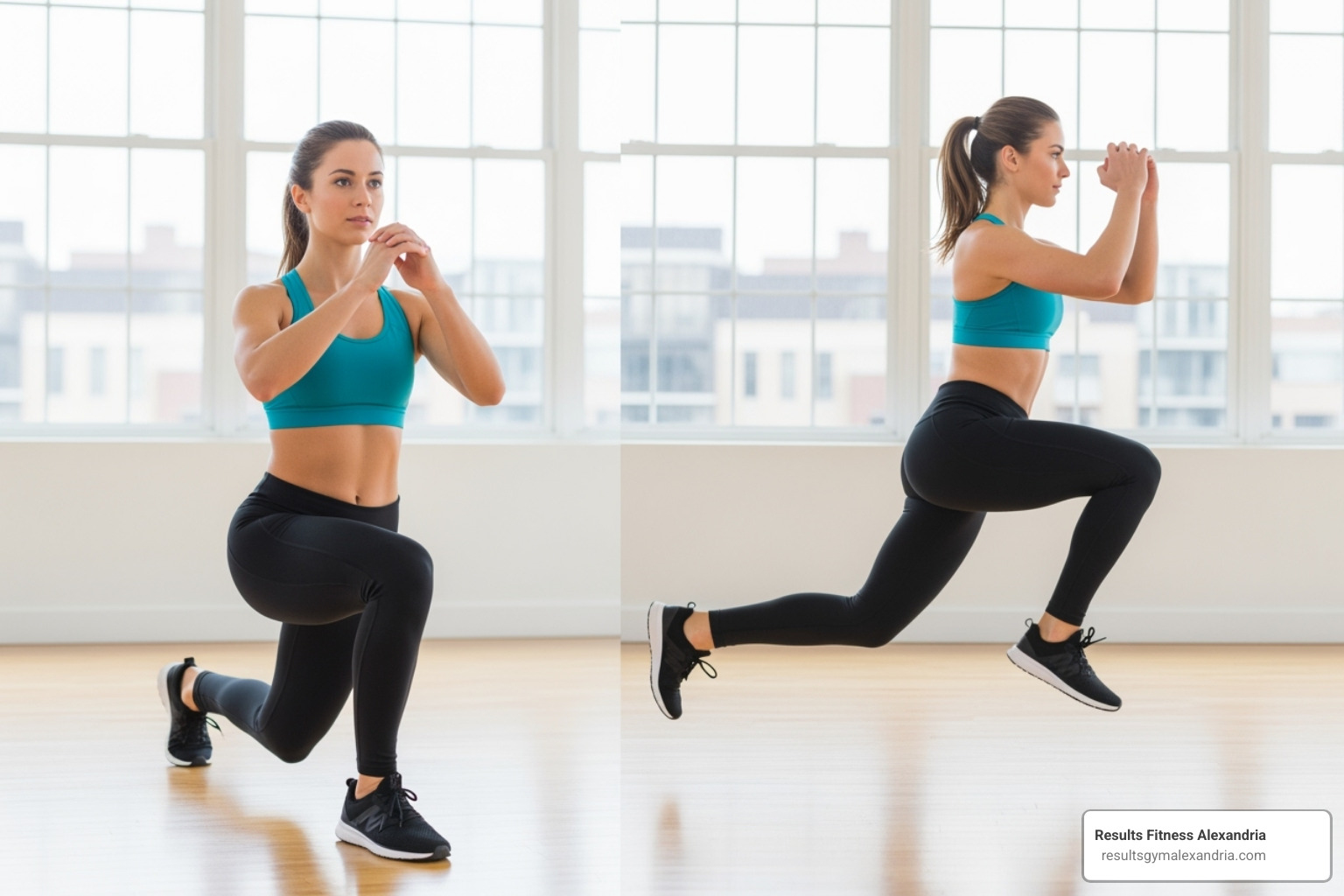 A person demonstrating a Zumba move, with one image showing a standard lunge and the next showing a deeper, more dynamic lunge with a slight jump, illustrating intensification - intense zumba workout for weight loss