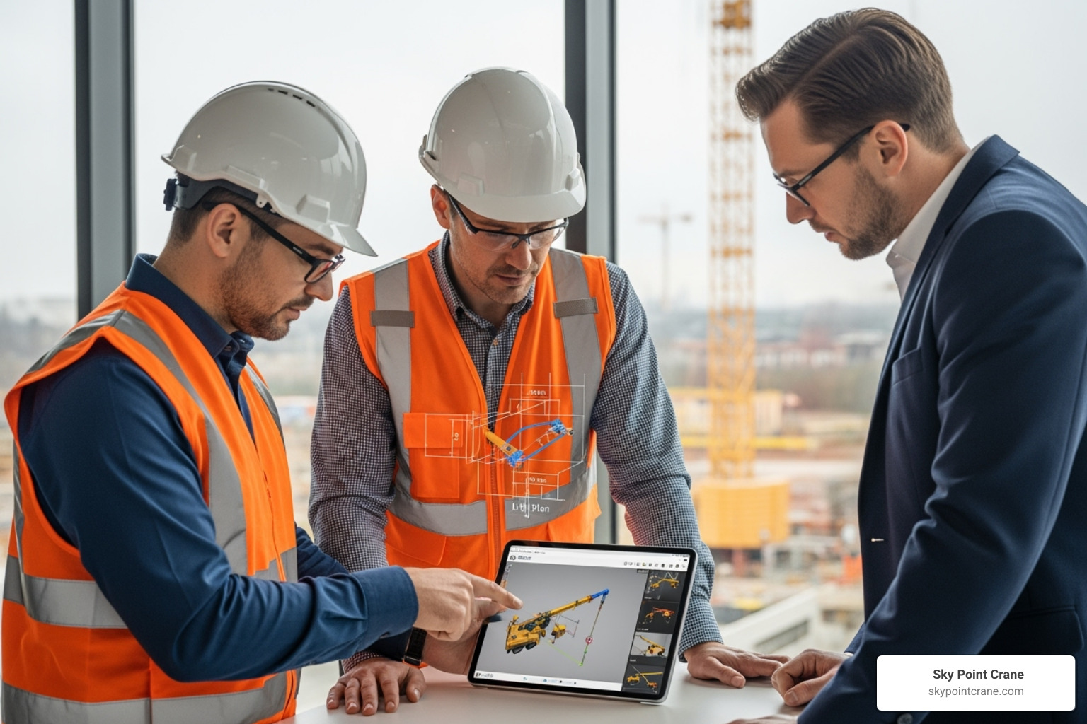 A project manager, crane operator, and client reviewing a 3D lift plan on a tablet - virtual lift plan 3d A project manager, crane operator, and client reviewing a 3D lift plan on a tablet - virtual lift plan 3d