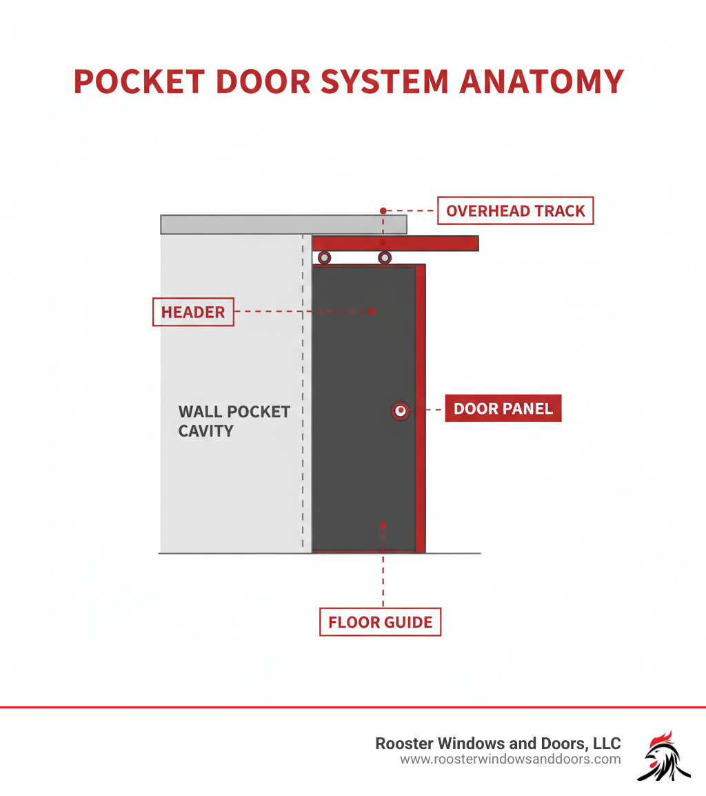 Infographic showing the basic anatomy of a pocket door system with labeled components including the overhead track mounted to the header, rollers attached to the top of the door slab, the door panel that slides into the wall pocket, floor guide at the bottom, and the hidden wall cavity where the door disappears when open - Pocket door repair infographic 