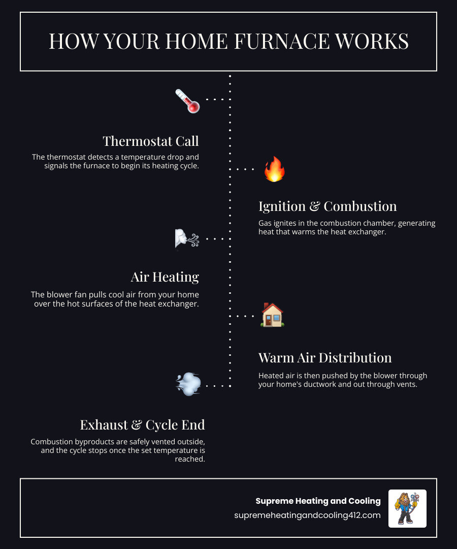 infographic showing the main components of a home furnace system including the thermostat, gas valve, burners, heat exchanger, blower motor, air filter, and ductwork with arrows indicating airflow direction and labeled parts - furnace repair fox chapel, pa infographic infographic-line-5-steps-dark