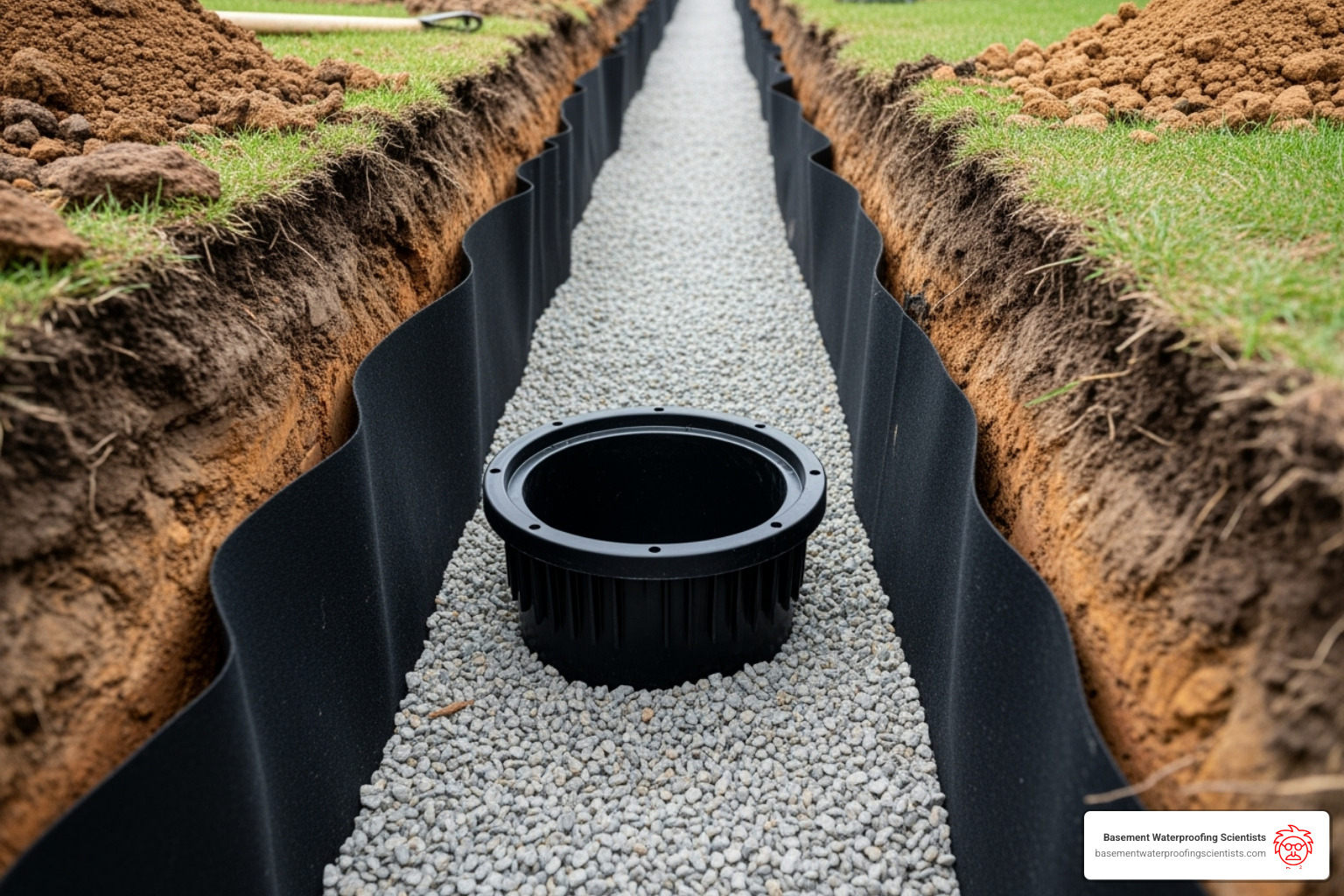 catch basin installed with gravel and filter fabric - downspout drain tile installation