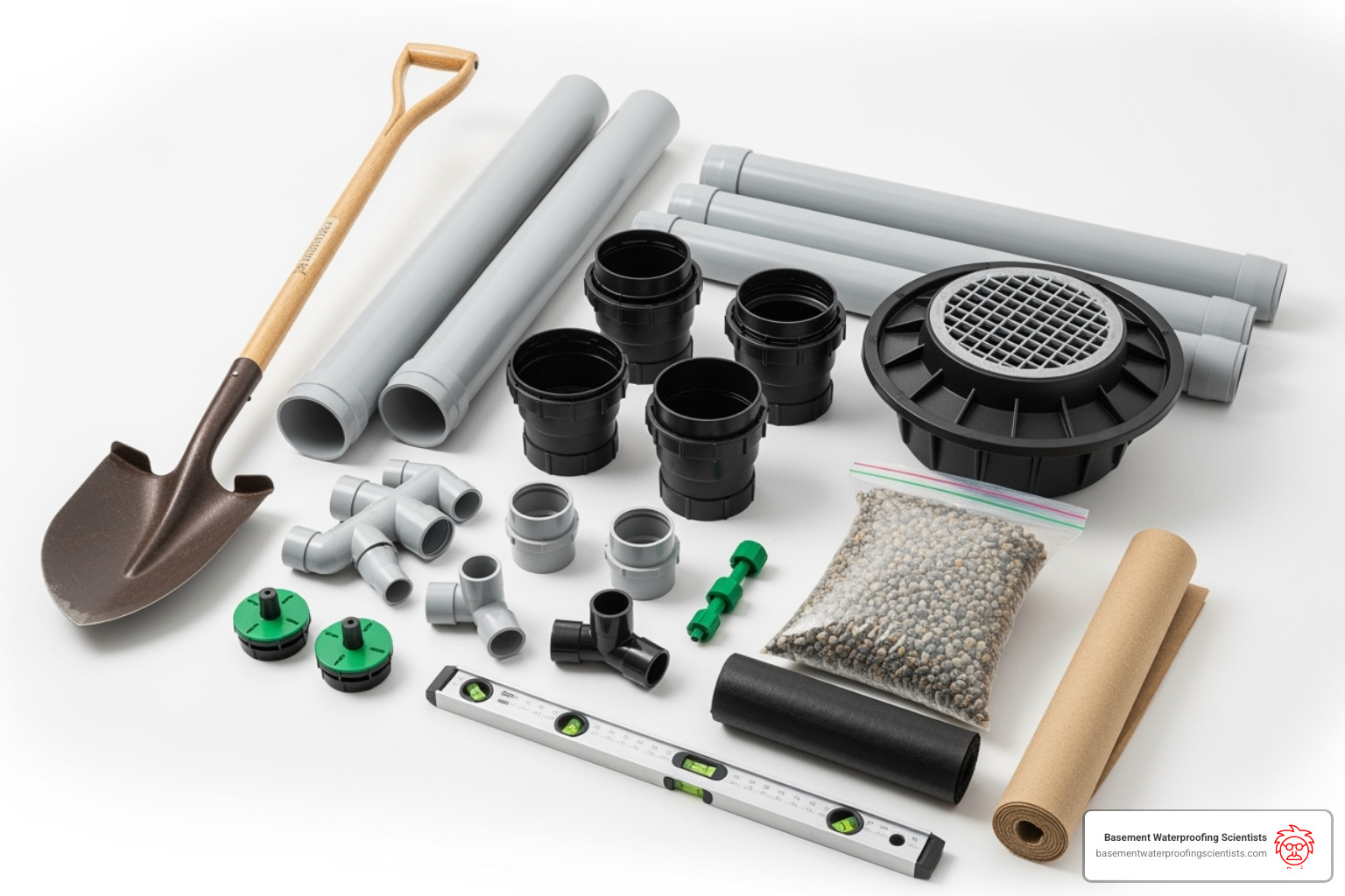 Tools and materials for downspout drain tile installation, including shovel, PVC pipes, adapters, fittings, catch basin, pop-up emitter, gravel bag, filter fabric, and level - downspout drain tile installation