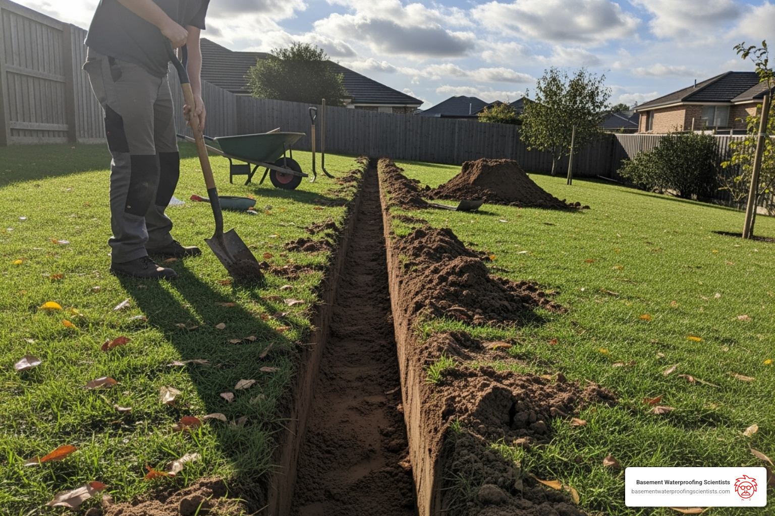 person digging a straight trench with a slight downward slope - downspout drain tile installation