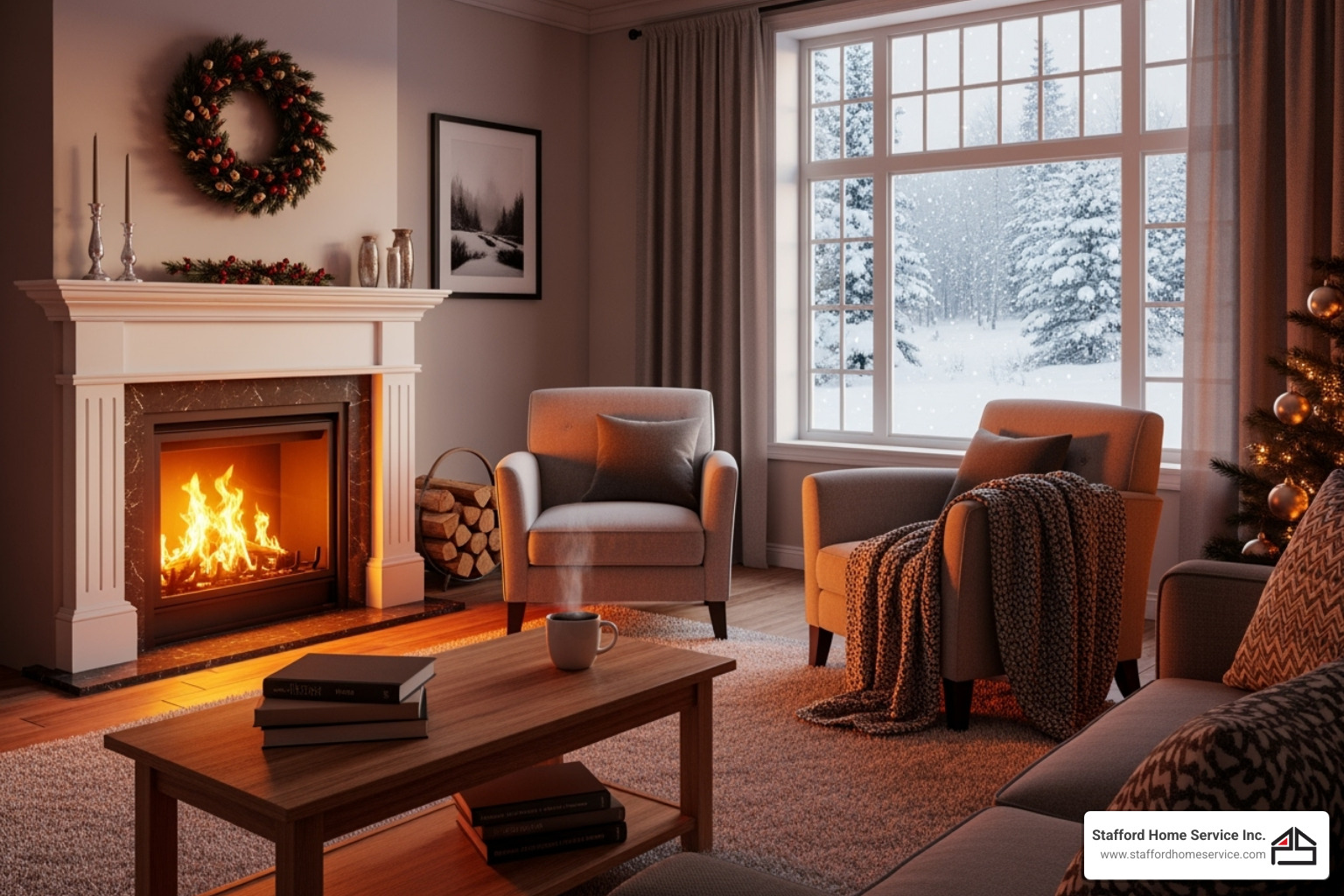 warm living room with snow outside - heating companies