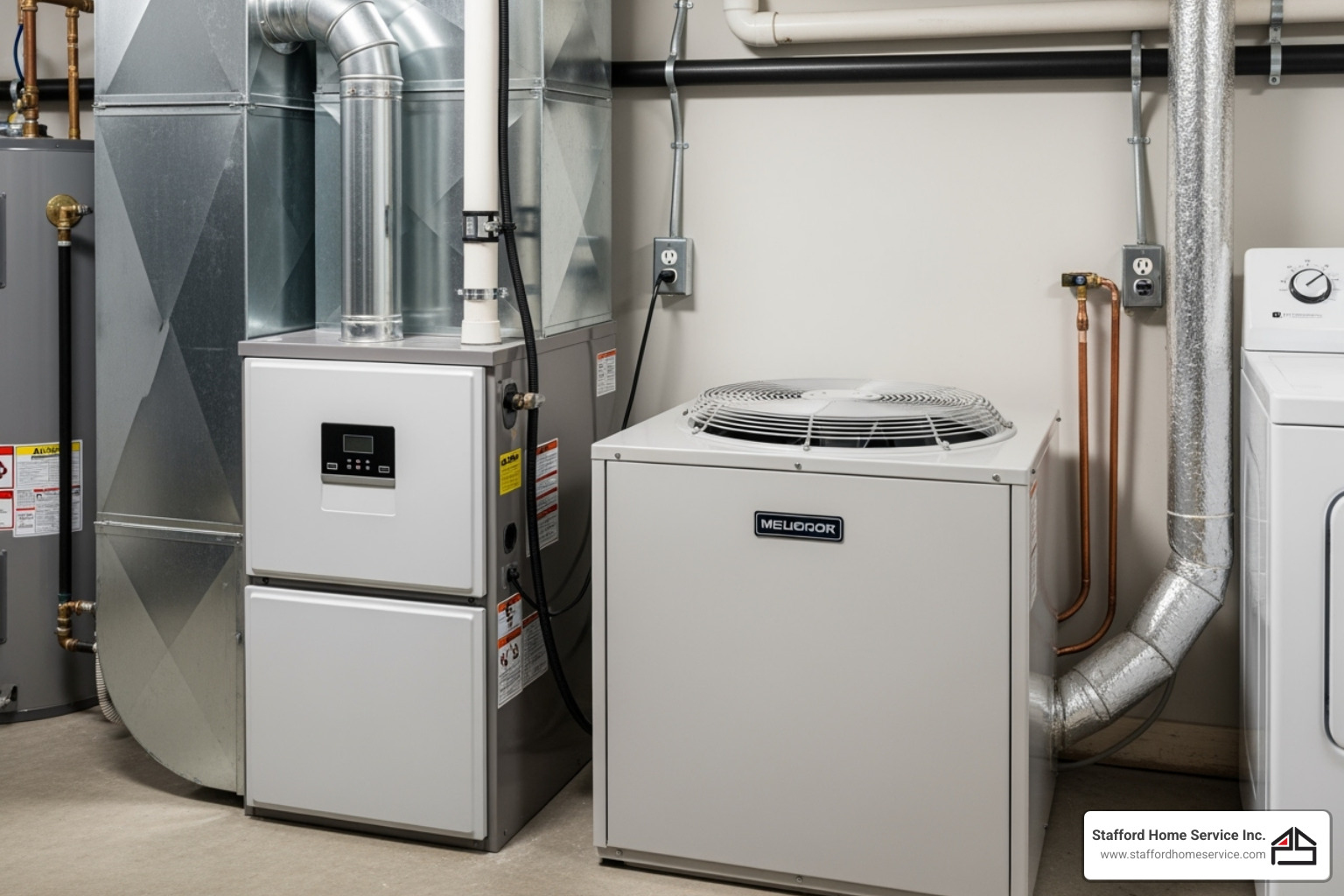 clean, modern furnace and air conditioner unit side-by-side - heating companies