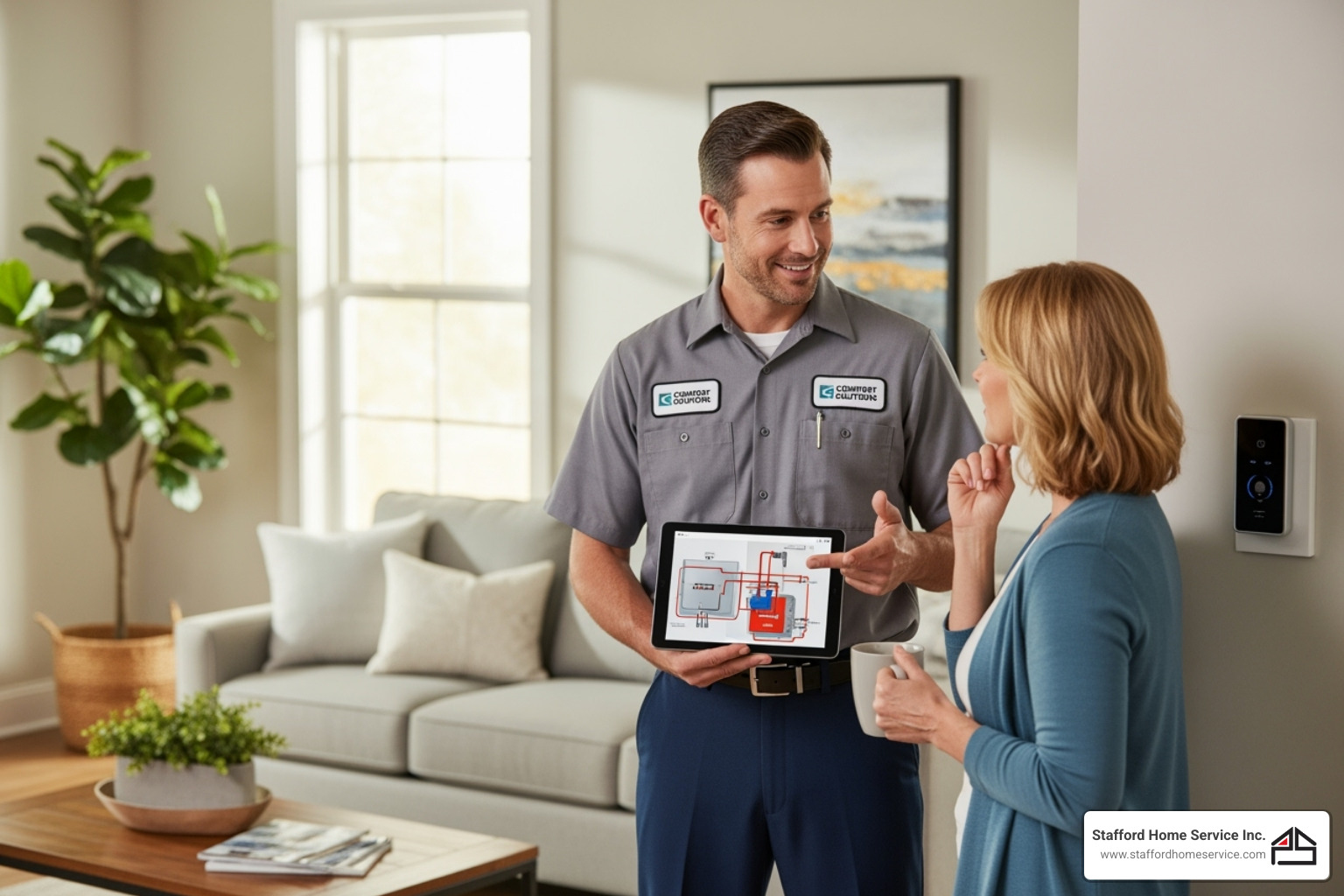 friendly technician talking with a homeowner - heating companies