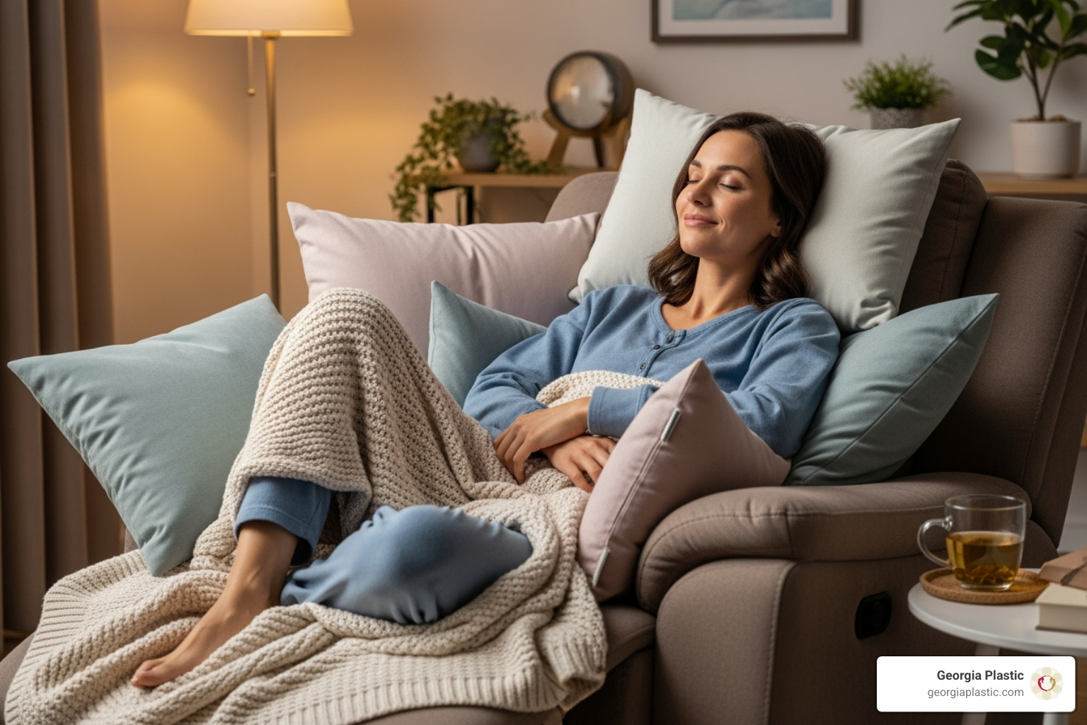 woman resting comfortably in a recliner with pillows - mommy makeover healing process woman resting comfortably in a recliner with pillows - mommy makeover healing process