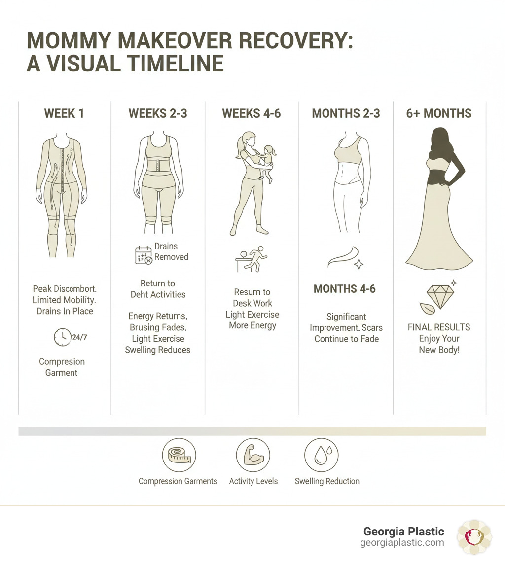 Infographic showing mommy makeover recovery timeline from week 1 through 6+ months, including key milestones such as drain removal at week 1-2, return to work at weeks 2-4, light exercise at weeks 4-6, and final results at 6-12 months, with illustrations of compression garments, activity levels, and swelling reduction - mommy makeover healing process infographic Infographic showing mommy makeover recovery timeline from week 1 through 6+ months, including key milestones such as drain removal at week 1-2, return to work at weeks 2-4, light exercise at weeks 4-6, and final results at 6-12 months, with illustrations of compression garments, activity levels, and swelling reduction - mommy makeover healing process infographic