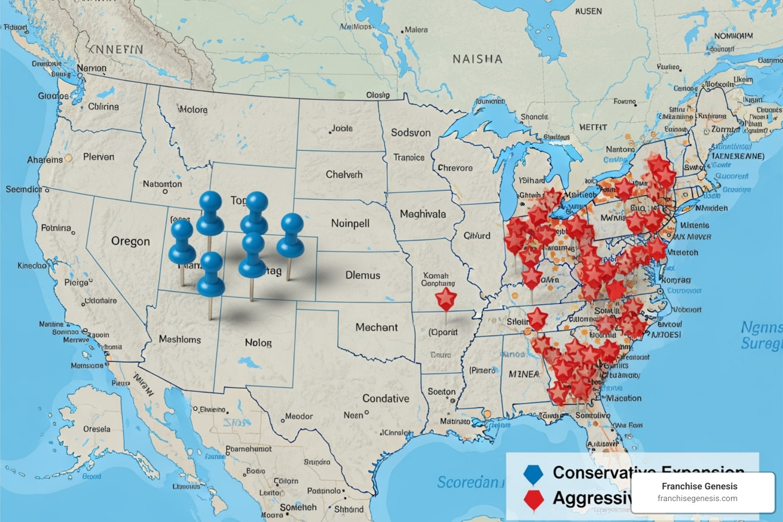 map with pins showing a conservative vs. an aggressive expansion plan - cost to franchise my business map with pins showing a conservative vs. an aggressive expansion plan - cost to franchise my business
