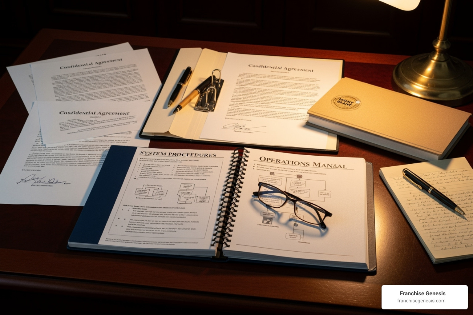Legal documents and an operations manual on a desk - cost to franchise my business Legal documents and an operations manual on a desk - cost to franchise my business