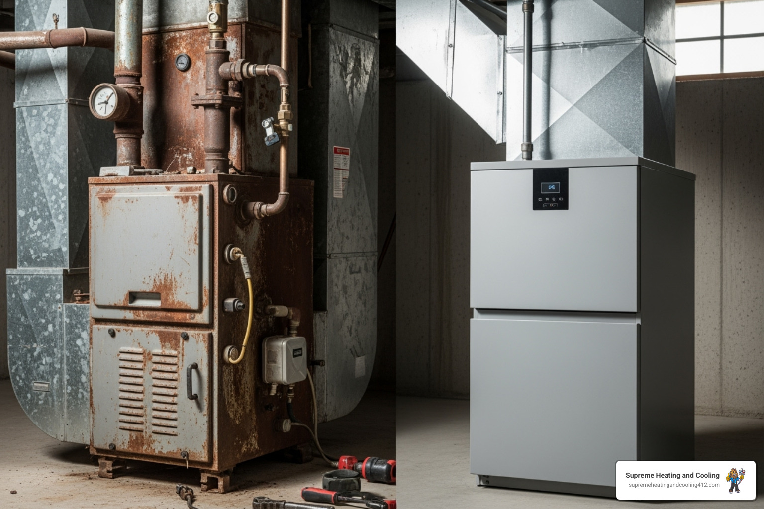 old furnace next to a new, modern high-efficiency furnace - furnace repair fox chapel, pa
