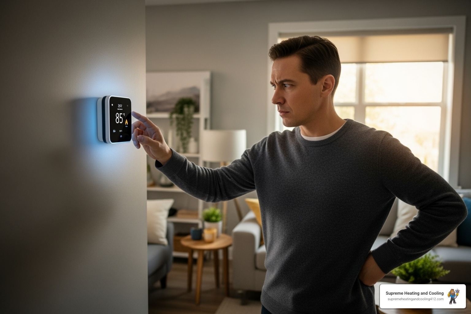 homeowner looking at their thermostat with a concerned expression - furnace repair fox chapel, pa