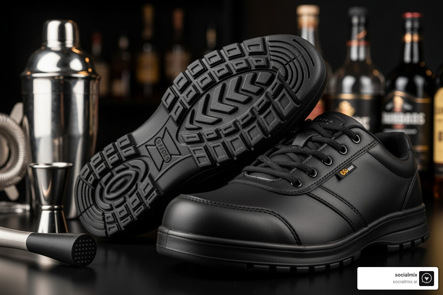 stylish, non-slip black work shoes suitable for a bar environment, with bar tools in the background - bartenders apparel stylish, non-slip black work shoes suitable for a bar environment, with bar tools in the background - bartenders apparel