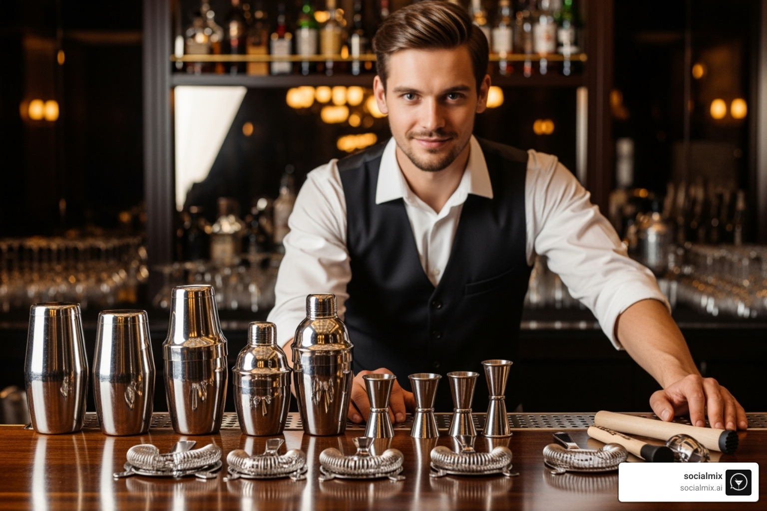 bartender classic uniform with vest and crisp shirt, surrounded by essential bartender tools - bartenders apparel bartender classic uniform with vest and crisp shirt, surrounded by essential bartender tools - bartenders apparel