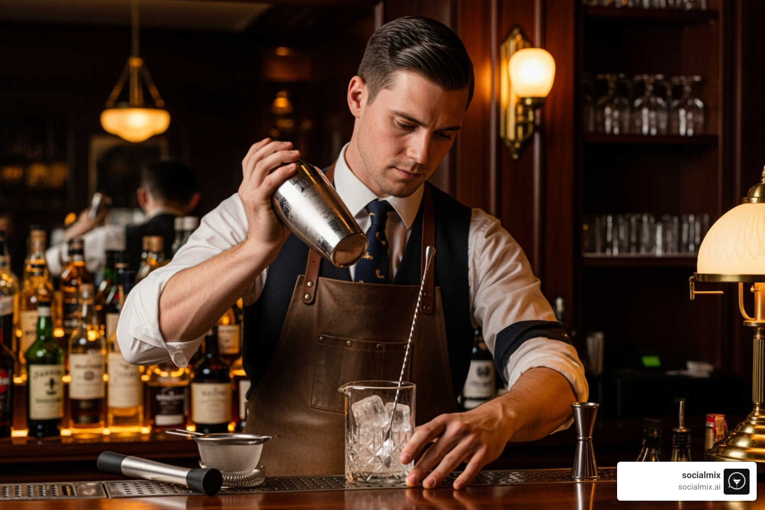 bartender in a sophisticated speakeasy with a vest, tie, and leather apron, mixing a cocktail with classic bar tools - bartenders apparel bartender in a sophisticated speakeasy with a vest, tie, and leather apron, mixing a cocktail with classic bar tools - bartenders apparel