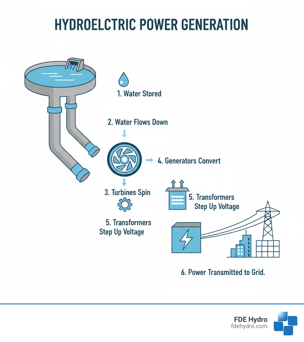Infographic showing the complete hydroelectric power generation process: reservoir at top storing water, penstock pipes directing water downward, turbines spinning from water pressure, generators converting mechanical to electrical energy, transformers stepping up voltage, and power lines transmitting electricity to the grid - hydroelectric power generation infographic 