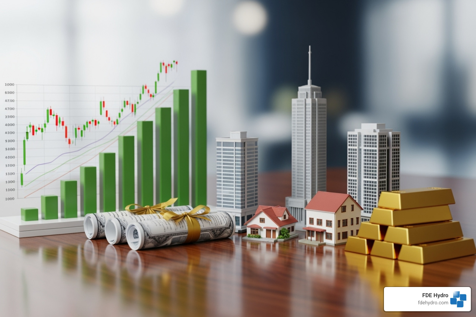 Diverse array of investment icons like stocks, bonds, real estate, and gold - Massive I/P Portfolio