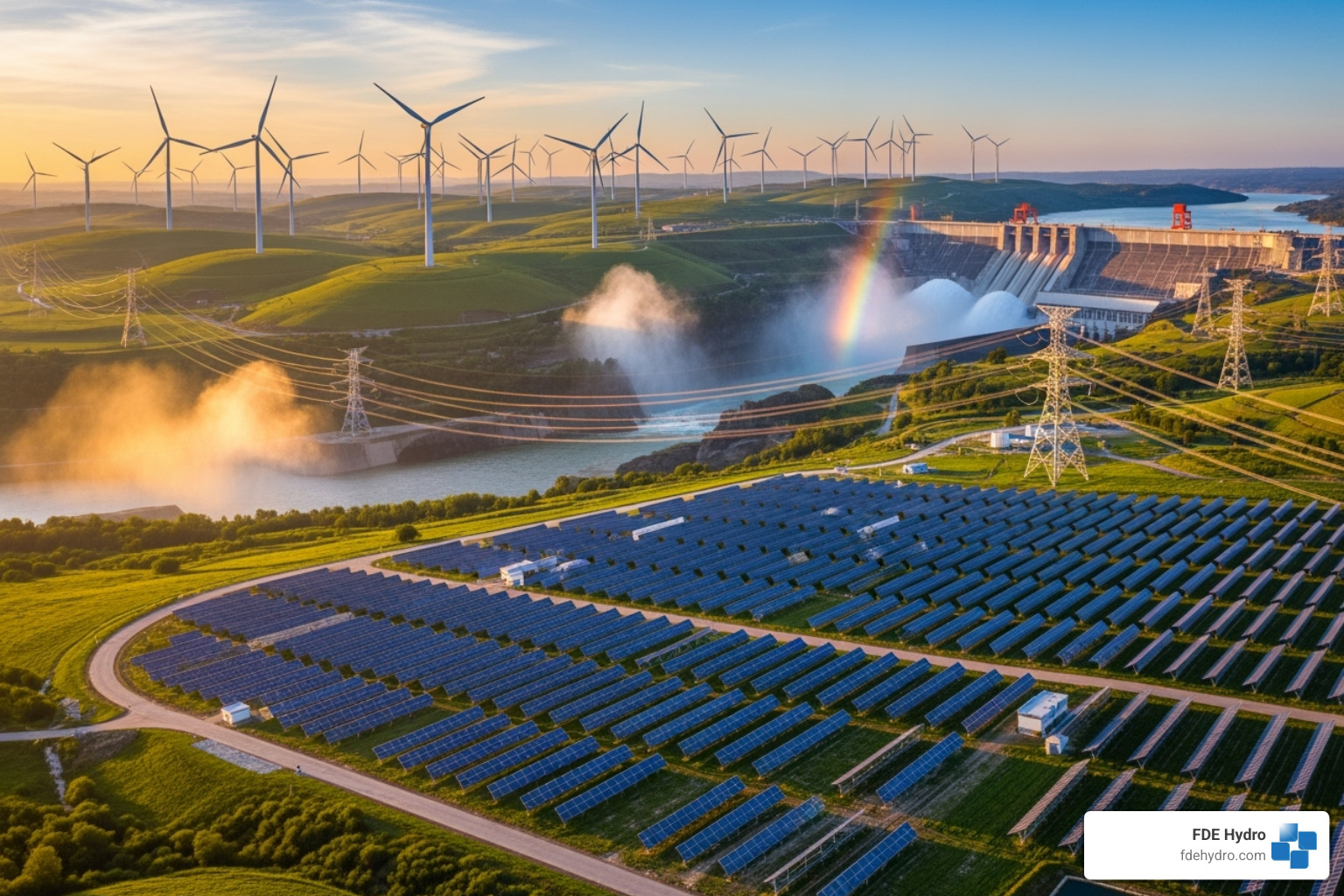 solar panels wind turbines and hydroelectric dam - Sustainable energy development solar panels wind turbines and hydroelectric dam - Sustainable energy development
