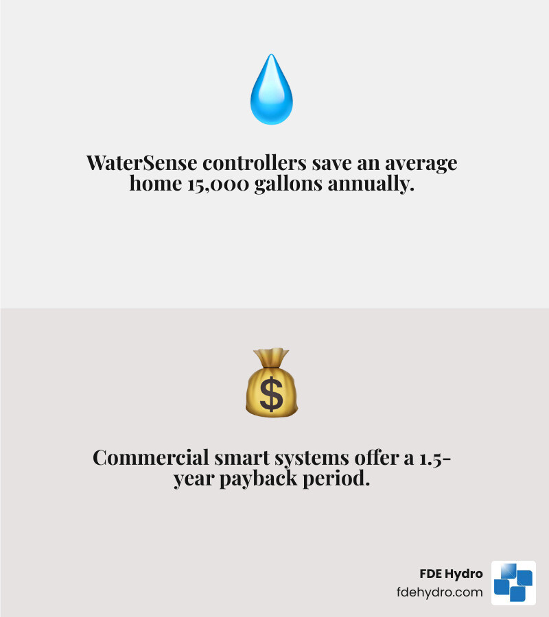 Infographic showing water savings statistics: 15,000 gallons saved annually per home with WaterSense controllers, 40-70% reduction in irrigation water use with advanced systems, 1.5 year payback period for commercial installations - Water control systems infographic 2_facts_emoji_grey