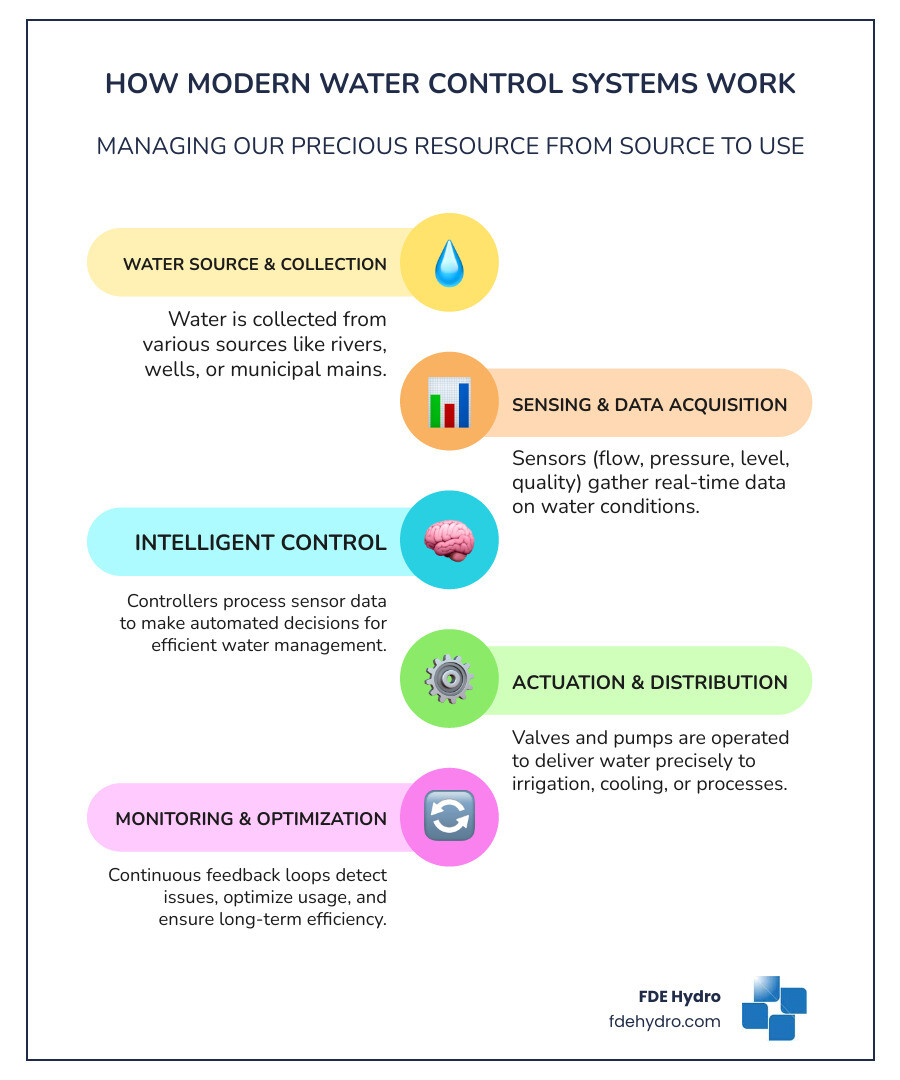 Infographic showing how water control systems work: water source connects to sensors (flow, pressure, level), which feed data to a controller, which operates valves and pumps to manage distribution to end uses like irrigation, cooling, and process water, with feedback loops for monitoring and optimization - Water control systems infographic infographic-line-5-steps-colors