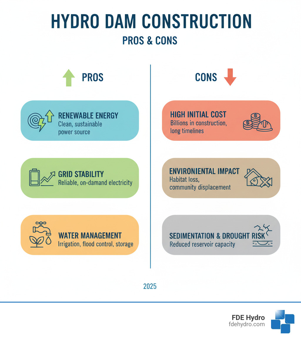 Table comparing pros and cons of hydroelectric dam construction - Hydroelectric dam construction infographic 